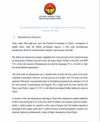 Extraordinary Brieﬁng From The National Government of Tigray August 25, 2021