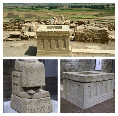 statue of a seated woman and an altar with a Sabaean inscription